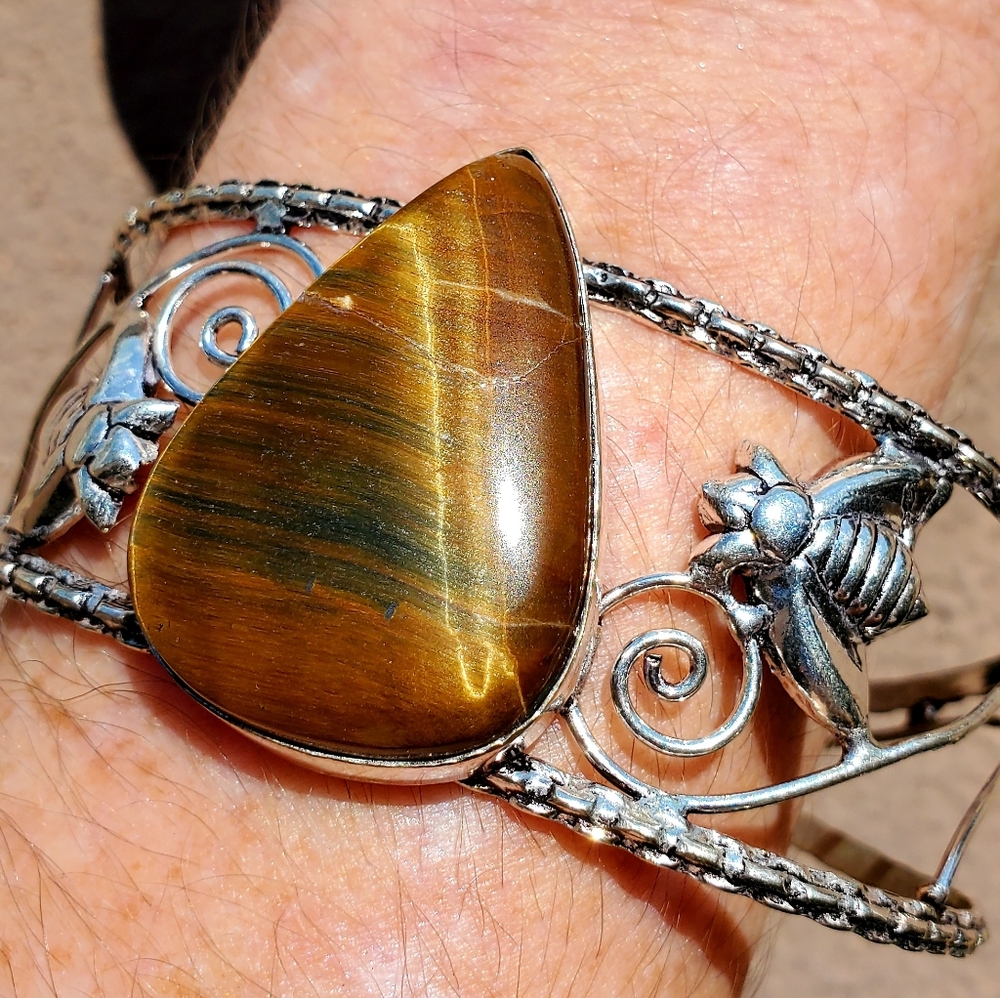New Tiger Eye 925 Silver Bees Cuff Bracelet.